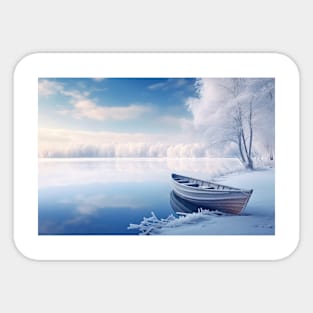 Lake Boat In Winter Serene Landscape Sticker